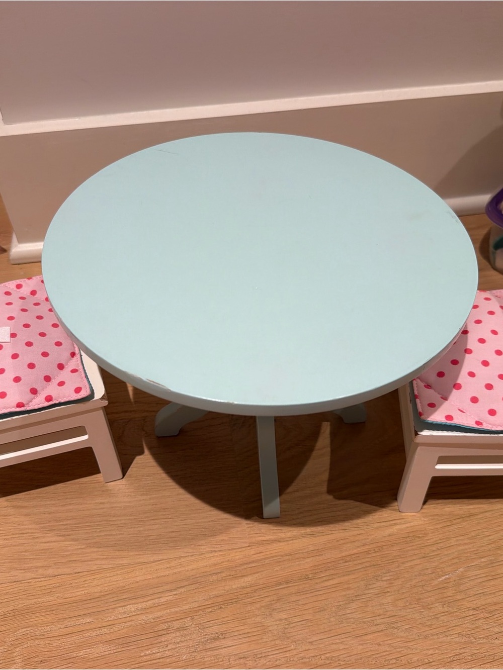 American Girl Pale Blue Round Doll Table and chair with plates and food included